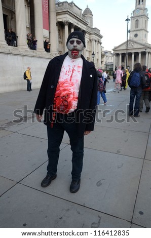 LONDON - OCTOBER 13: Unidentified man dresses as zombie celebrates World Zombie Day London 2012 on October 13, 2012 in London, England.
