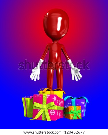 figure with Christmas or birthday gifts.