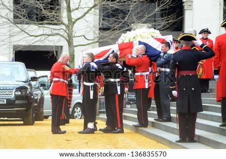 LONDON - APRIL 17:The coffin of ex British Prime Minster Margret Thatcher departs her funeral outside St Pauls Cathedral London April 17th, 2013 in London, England.