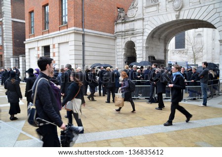 LONDON - APRIL 17:Guests including celebrities and political figures arrive to attend the funeral of Margret Thatcher outside St Pauls Cathedral London April 17th, 2013 in London, England.