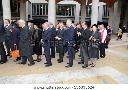 LONDON - APRIL 17: Guests including celebrities and political figures arrive to attend the funeral of Margret Thatcher outside St Pauls Cathedral London April 17th, 2013 in London, England.