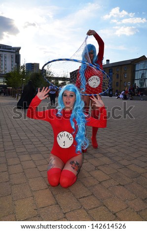 LONDON - MAY 26: People dressing up in Cosplay costume to take part in the MCM expo which has the largest gathering of Cosplayers in the country,  London May 26th, 2013 in London England.