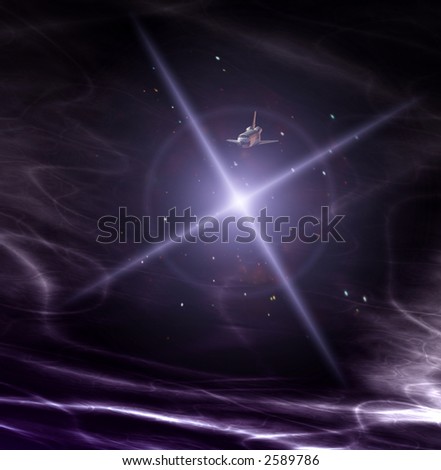 A conceptual image of spacecraft flying away from a sun in space.