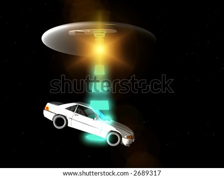 A car that is being adducted by a UFO with a glowing beam.