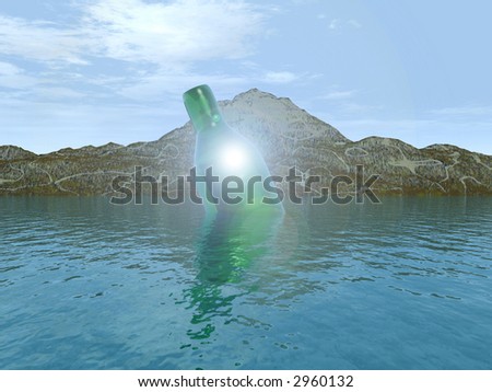 A message within a bottle floating on some water by the coast, it could also be seen as rubbish.
