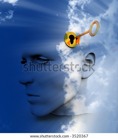 a key unlocking a mans mind, good for images representing imagination,inspiration and intellect.