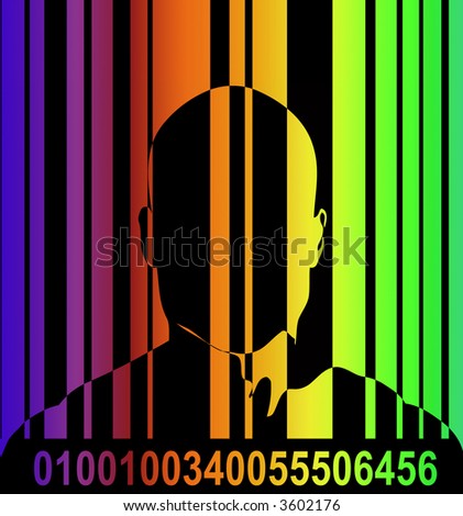 An conceptual image outline of a male with a barcode over him, could represent big brother security state concepts.
