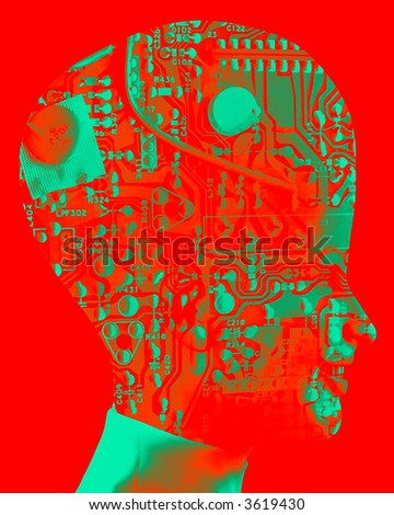 An conceptual image of a happy cyborg women who is very clever, we can tell this by the big head with an added circuitbored effect.