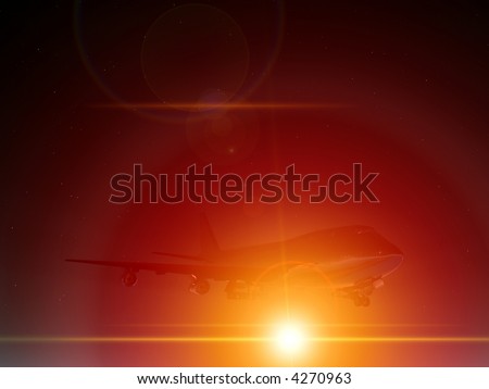 A plane flying high in the dark sky with a flash of light.