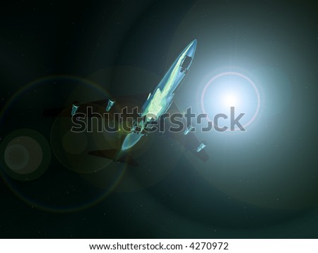 A plane flying high in the dark sky with a flash of light.