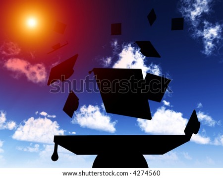 An image of a set of mortar boards being thrown in the air during gradation day, with added sun effect.