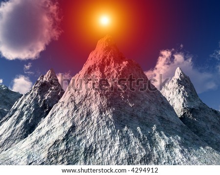 An image of a computer created snowy ice mountain,with added sun effect.