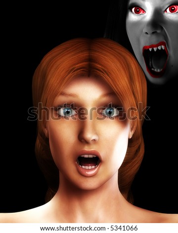 A conceptual  image of a women in a state of fear,shock or pain as their is a vamp behind her, it would make a good seasonal image for Halloween.