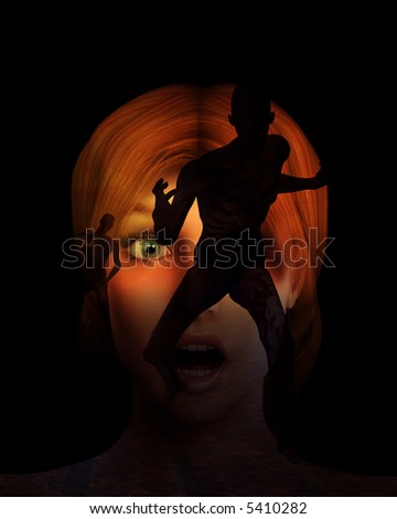 A conceptual image of a women in a state of fear or shock or pain as zombies come for her.
