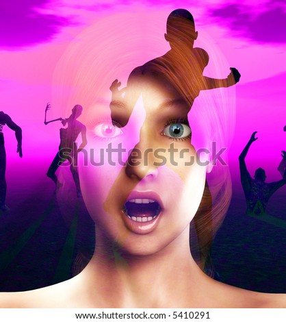 A conceptual image of a women in a state of fear or shock or pain as zombies come for her.