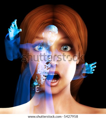 A conceptual image of a women in a state of fear or shock or pain as a zombie comes to get her.