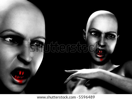 An image of two bald female vampire\'s that look scary and freighting and are also angry, with added blood effect.