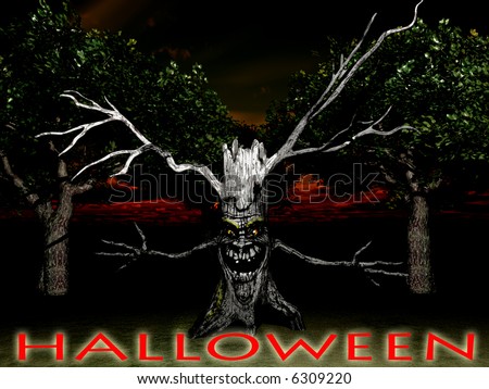 An image of a smiling but menacing spooky tree, it would make a good Halloween image.