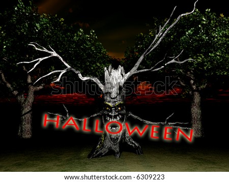 An image of a smiling but menacing spooky tree, it would make a good Halloween image.