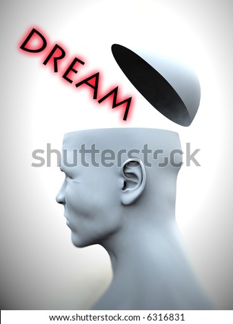 A very abstract image of a mans head which is opened up, to reveal a word.