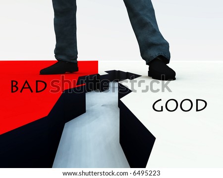 An image of a mans legs, with a deep crack on the ground in-between the feet. A good concept image for the diversion between good and bad.