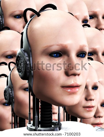 An image of lots of heads of technologically robotic women who have been duplicated, it would make a interesting background.