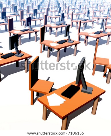 An image of a It office/work environment, it contains desks, chairs and computers with keyboards and paper.