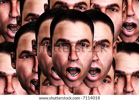 A conceptual image of a lot of cloned men in a state of fear.