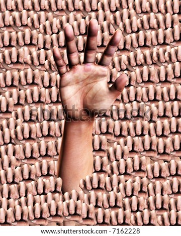 A background pattern full of hands, whilst the outreaching hand could represent the concepts of individuality, nonconformity or voting.