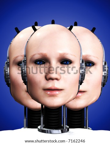 An image of a few heads of technologically cloned robotic women who have been duplicated, it would make a interesting background.