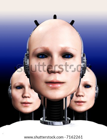 An image of a few heads of technologically cloned robotic women who have been duplicated, it would make a interesting background.