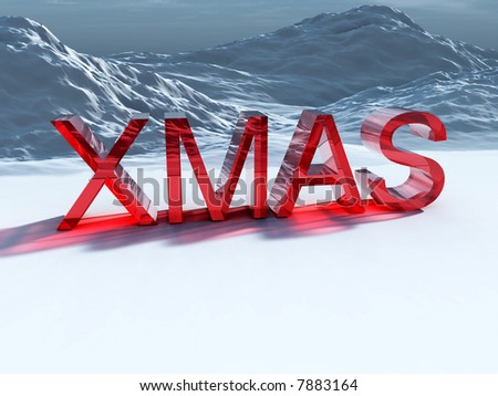 A text sign of the word xmas, in front of some winter snowy mountains.
