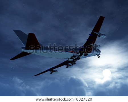 A plane flying high in the nighttime sky with an illuminated moon.