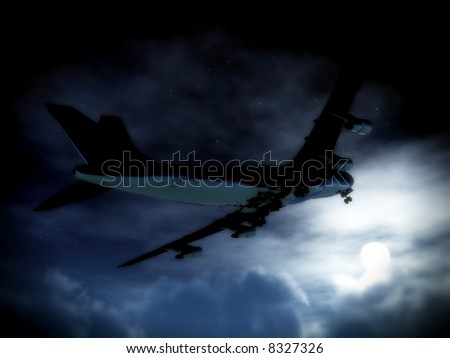 A plane flying high in the nighttime sky with an illuminated moon.