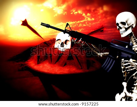 An conceptual image of a skeleton with a gun, it would be good to represent concepts of war.