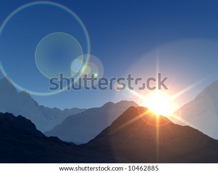 A digitally created view of a mountain landscape. With a sun either rising or setting.