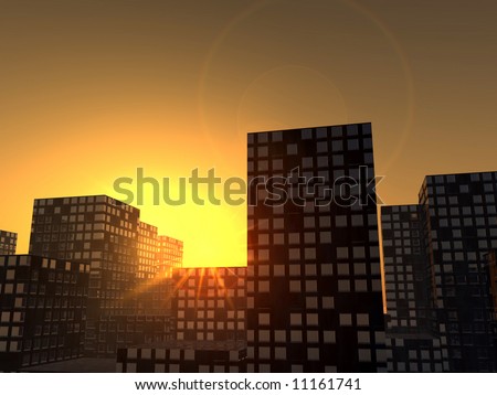 An image of a city full of skyscrapers with a setting or rising sun.
