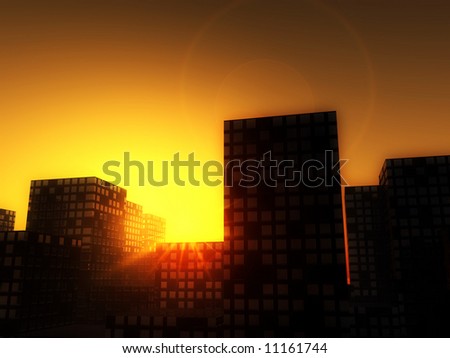 An image of a city full of skyscrapers with a setting or rising sun.