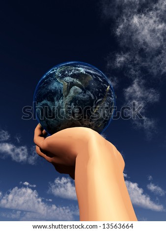 A conceptual religious image showing god protecting and holding the world in his hand.