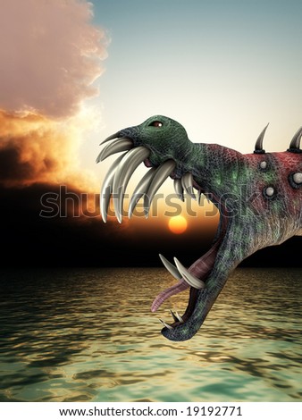 horrible Halloween monster in a sea landscape.