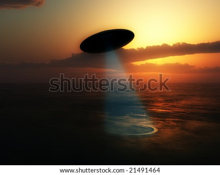 UFO with a laser beam over the ocean