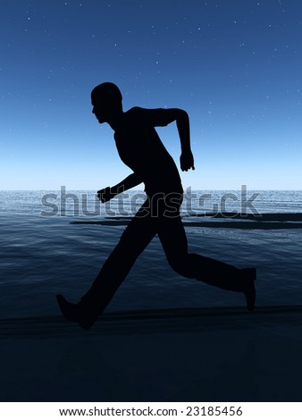 Male running on a coastline at night.