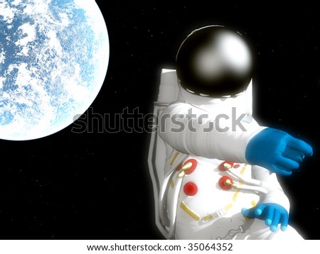 A spaceman floating next to an alien world.