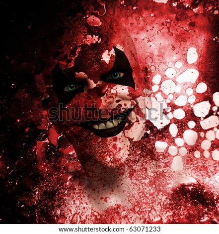 Sinister clown behind a bloodstained texture.