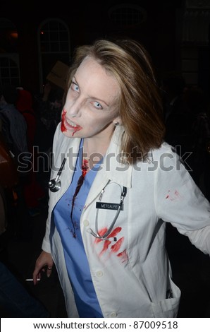 LONDON - OCTOBER 8: The Annual Zombie Walk London People dress as Zombies and scare people in London to raise cash for St. Mungos homeless shelter. London October 8, 2011 in London, England.