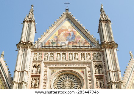 Orvieto Cathedral, the top of the facade, orvieto, Italy.\
masterpiece of Gothic architecture