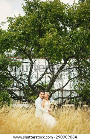 Very beautiful bride and groom embracing in a field where many colors and beautiful nature