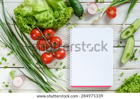 shopping list with vegetables. Salad vegetable, recipe book, copy space