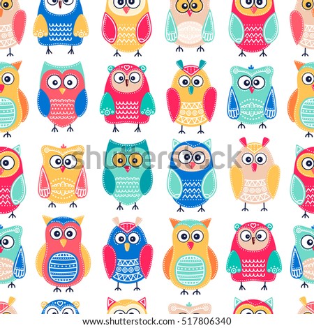 Cute owls. Vector seamless pattern with hand drawn flat birds. Colorful owl with white doodle ornament. Nice background for kids. Red, blue, yellow, grey, beige and white colors.
