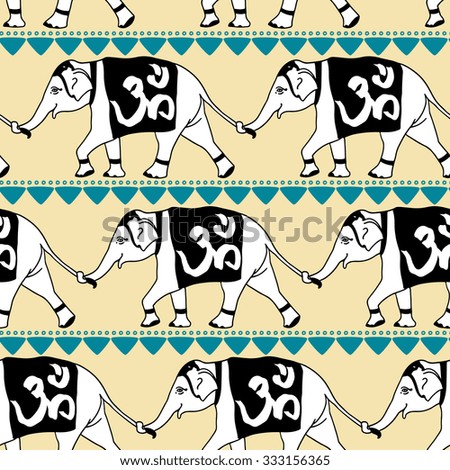 Elephants with Om - religious symbol seamless pattern. Vector illustration